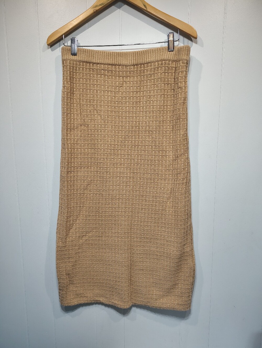 Lulus Knit Midi Sweater Skirt Large Tan Waffle Texture Slit